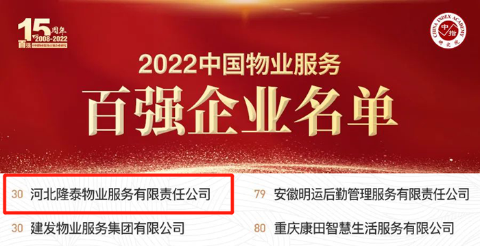 榮耀再續(xù) | 隆泰物業(yè)榮膺“中國物業(yè)服務百強企業(yè)”第30位！(圖2)